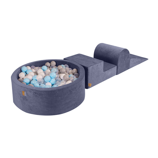 Ensemble de jeu en mousse bleu-gris velours avec piscine à balles ronde