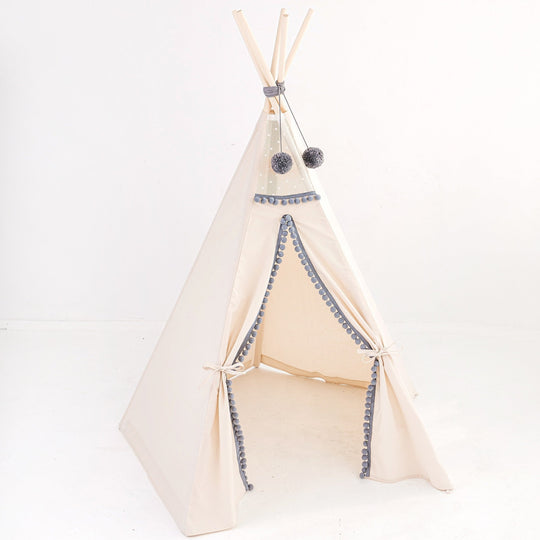 Kids Teepee in Off-White With Grey PomPoms