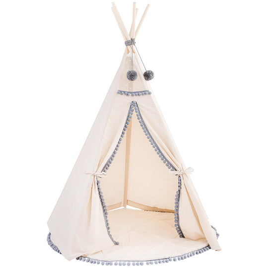 Kids Teepee in Off-White With Grey PomPoms