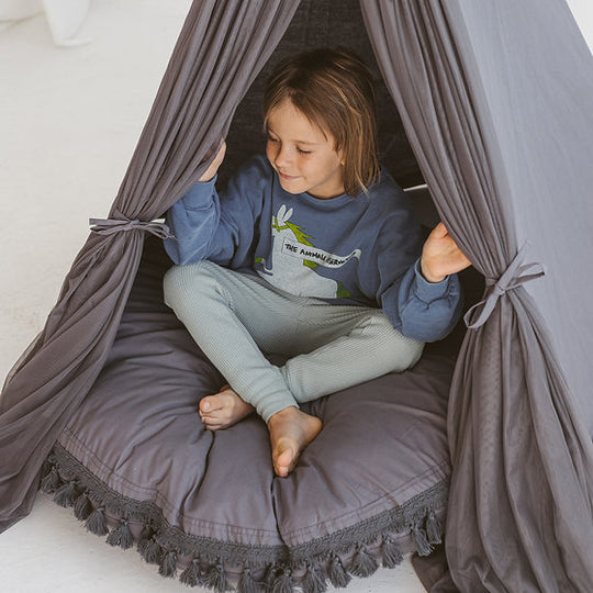 Large Floor Cushion with Tassels in Grey