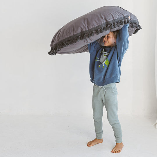 Large Floor Cushion with Tassels in Grey