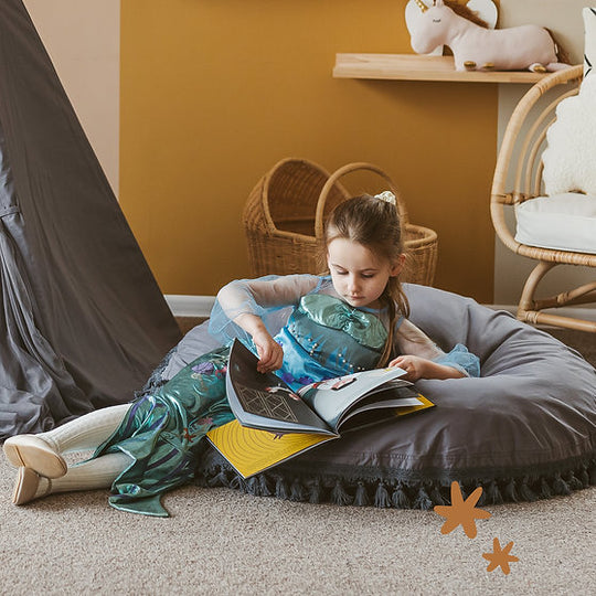 Large Floor Cushion with Tassels in Grey