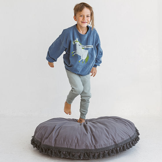 Large Floor Cushion with Tassels in Grey