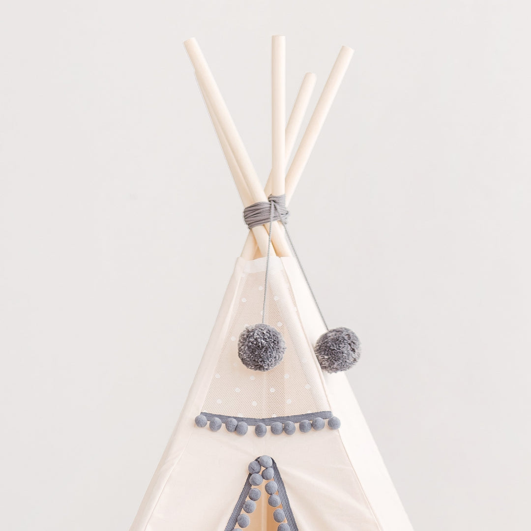 Kids Teepee in Off-White With Grey PomPoms