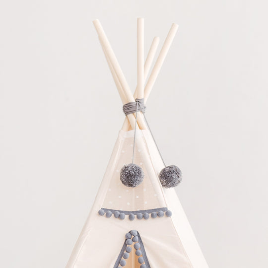 Kids Teepee in Off-White With Grey PomPoms