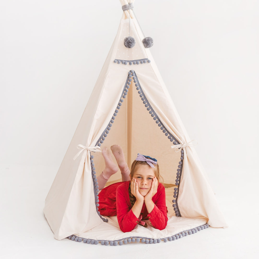 Kids Teepee in Off-White With Grey PomPoms